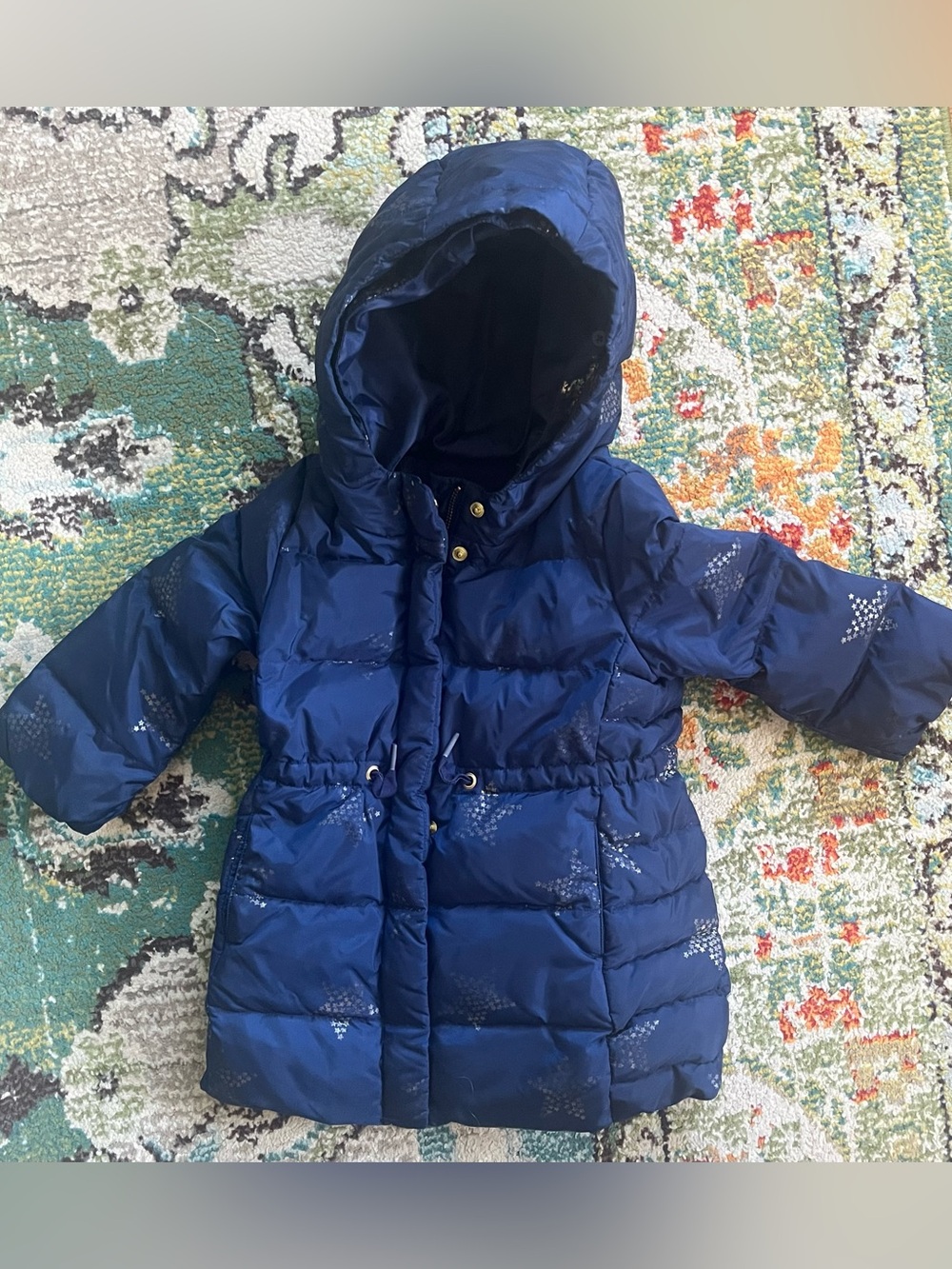 Girls' Navy Puffer Hooded Coat with Star Print